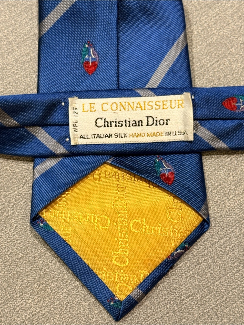 Christian Dior Blue Silk Tie with Gray Stripes and Red-Accented Motifs